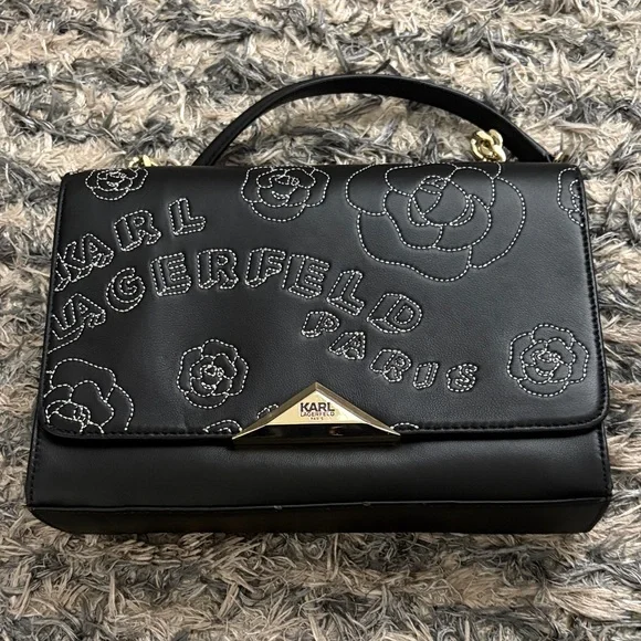 Karl Lagerfeld Luxury Black Floral Shoulder Bag with Gold Hardware - Picture 13 of 14